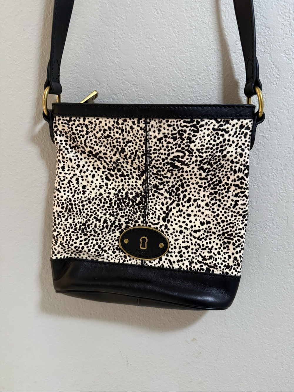 Fossil Haircalf Animal Print Crossbody Bag Black White Leather Purse